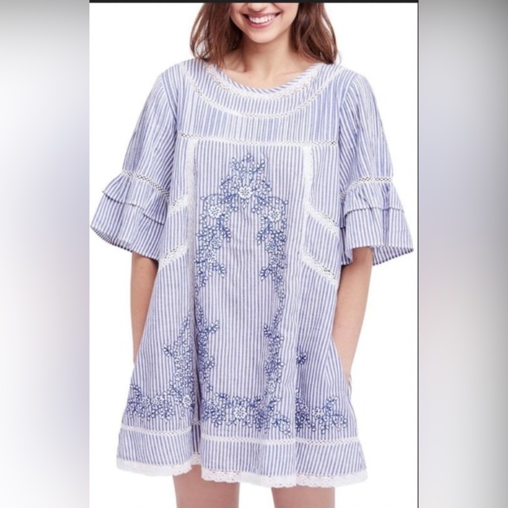 Free People Sunny Day Trapeze dress blue bell sleeves embroidery